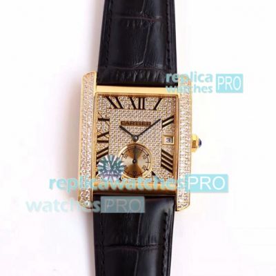 Swiss Replica Cartier Tank Diamond Iced Out Watch Yellow Gold